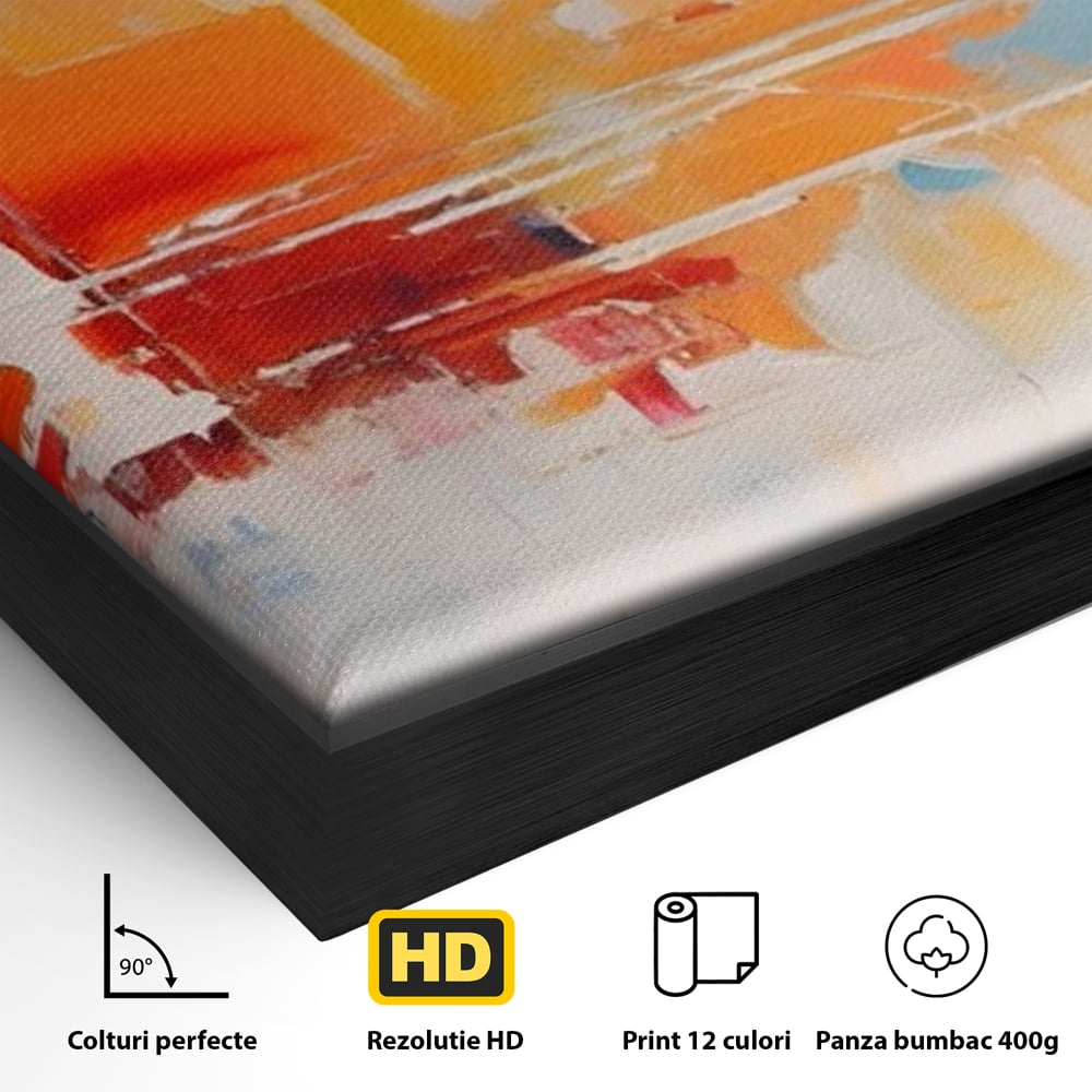 Detaliu al suprafetei: pictura abstracta cu peisaj urban, in rama de aluminiu negru